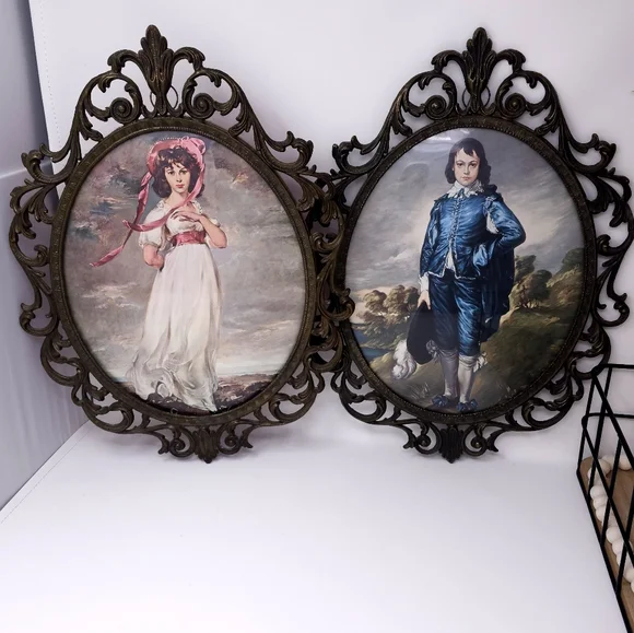 Vintage Victorian Pinky and Blue Boy Painting Prints Concave Glass Brass Frame